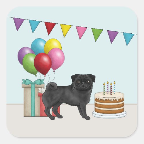 Black Pug Cute Cartoon Dog Colorful Birthday Square Sticker