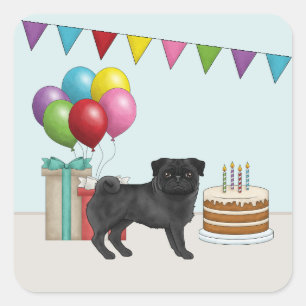 Black Pug Cute Cartoon Dog Colorful Birthday Square Sticker