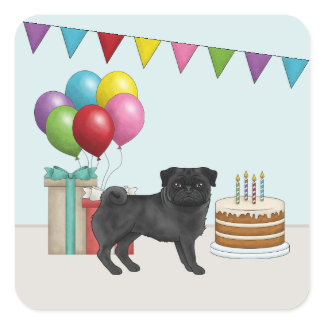 Black Pug Cute Cartoon Dog Colorful Birthday Square Sticker