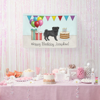 Black Pug Cute Cartoon Dog Colorful Happy Birthday Banner