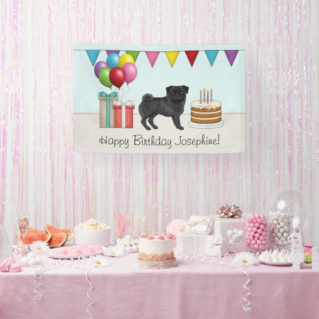 Black Pug Cute Cartoon Dog Colorful Happy Birthday Banner (Party)