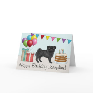 Black Pug Cute Cartoon Dog Colorful Happy Birthday Card