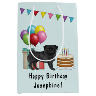 Black Pug Cute Cartoon Dog Colorful Happy Birthday Medium Gift Bag