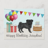 Black Pug Cute Cartoon Dog Colorful Happy Birthday Postcard (Front)