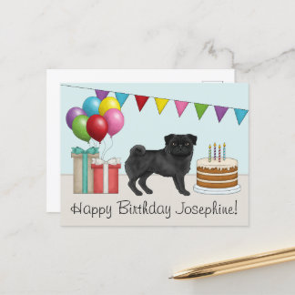 Black Pug Cute Cartoon Dog Colorful Happy Birthday Postcard