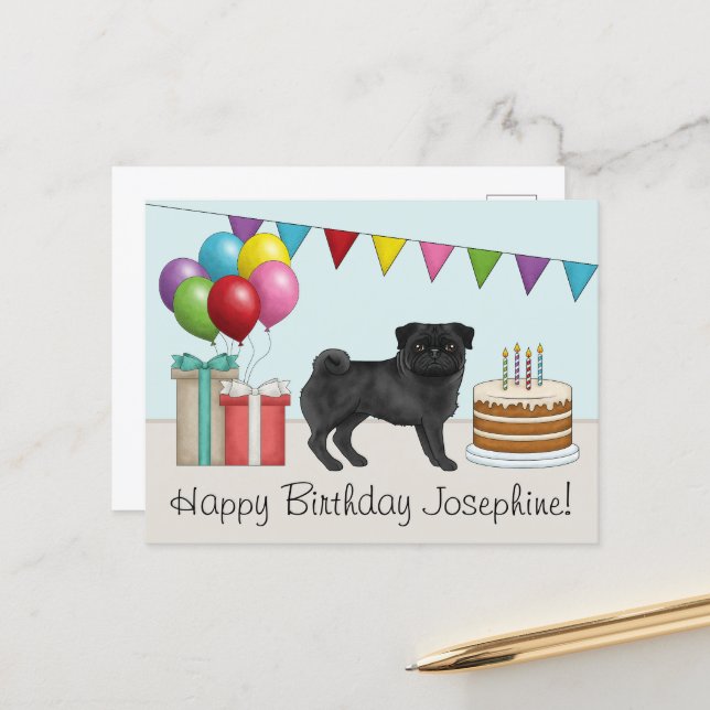 Black Pug Cute Cartoon Dog Colorful Happy Birthday Postcard (Front/Back In Situ)