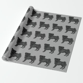 Black Pug Cute Cartoon Dog Design Pattern Gray Wrapping Paper