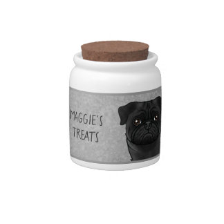 Black Pug Cute Cartoon Dog Head On Gray Pet Treat Candy Jar