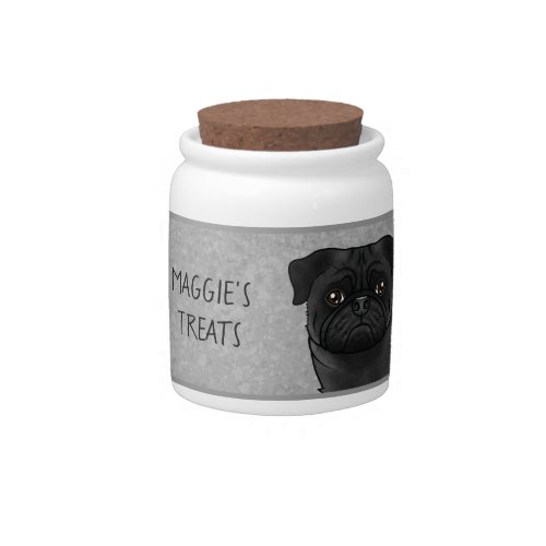 Black Pug Cute Cartoon Dog Head On Gray Pet Treat Candy Jar