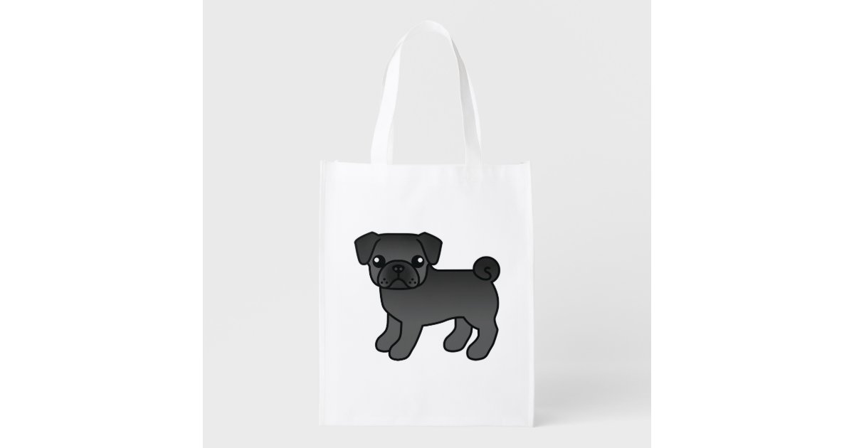 Black Pug Cute Cartoon Dog Illustration Grocery Bag Zazzle Com