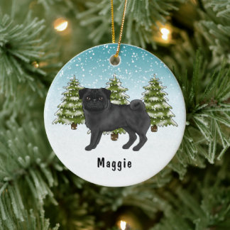 Black Pug Cute Cartoon Dog Snowy Winter Forest Ceramic Ornament