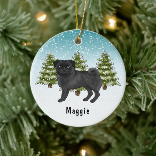 Black Pug Cute Cartoon Dog Snowy Winter Forest Ceramic Ornament