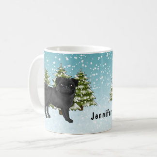 Black Pug Cute Cartoon Dog Snowy Winter Forest Coffee Mug