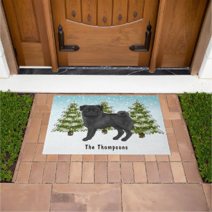 Black Pug Cute Cartoon Dog Snowy Winter Forest Doormat