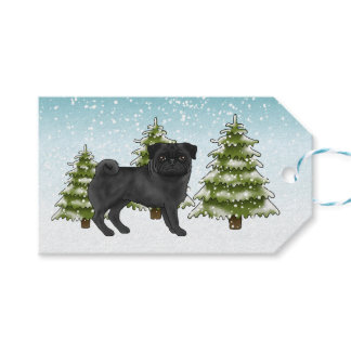Black Pug Cute Cartoon Dog Snowy Winter Forest Gift Tags