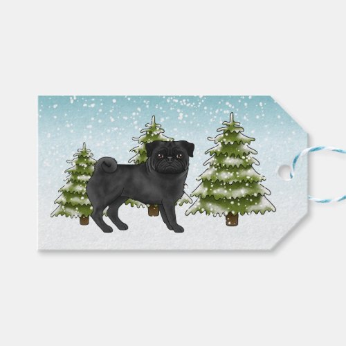 Black Pug Cute Cartoon Dog Snowy Winter Forest Gift Tags