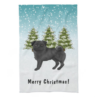 Black Pug Cute Cartoon Dog Snowy Winter Forest Kitchen Towel