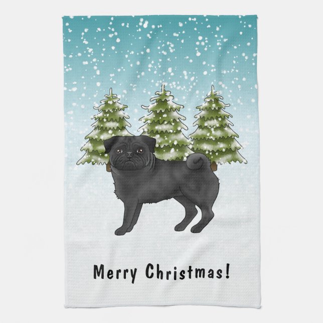 Black Pug Cute Cartoon Dog Snowy Winter Forest Kitchen Towel (Vertical)