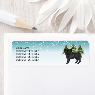 Black Pug Cute Cartoon Dog Snowy Winter Forest Label