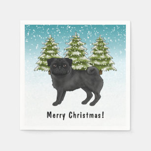 Black Pug Cute Cartoon Dog Snowy Winter Forest Napkins