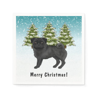 Black Pug Cute Cartoon Dog Snowy Winter Forest Napkins