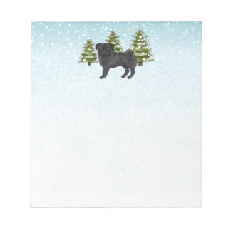 Black Pug Cute Cartoon Dog Snowy Winter Forest Notepad