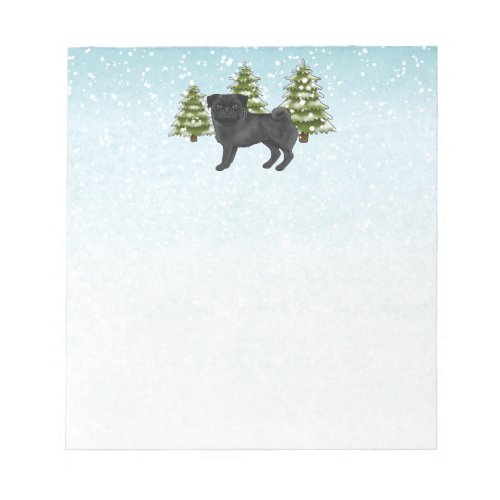 Black Pug Cute Cartoon Dog Snowy Winter Forest Notepad