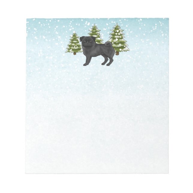 Black Pug Cute Cartoon Dog Snowy Winter Forest Notepad (Front)