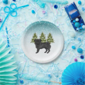 Black Pug Cute Cartoon Dog Snowy Winter Forest Paper Plates (Party)