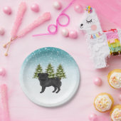 Black Pug Cute Cartoon Dog Snowy Winter Forest Paper Plates (Party)