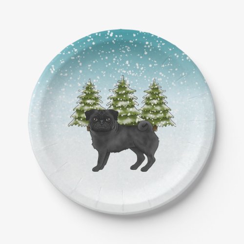 Black Pug Cute Cartoon Dog Snowy Winter Forest Paper Plates