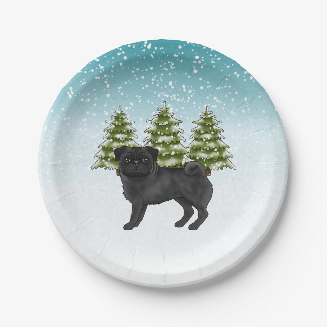 Black Pug Cute Cartoon Dog Snowy Winter Forest Paper Plates (Front)