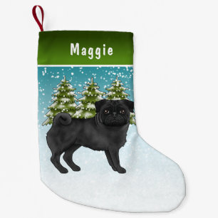 Black Pug Cute Cartoon Dog Snowy Winter Forest Small Christmas Stocking