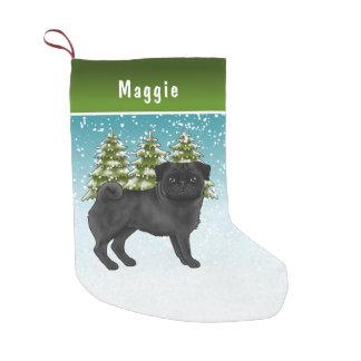 Black Pug Cute Cartoon Dog Snowy Winter Forest Small Christmas Stocking