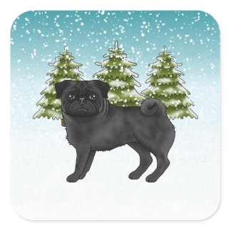 Black Pug Cute Cartoon Dog Snowy Winter Forest Square Sticker