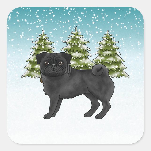 Black Pug Cute Cartoon Dog Snowy Winter Forest Square Sticker (Front)