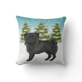 Black Pug Cute Cartoon Dog Snowy Winter Forest Throw Pillow