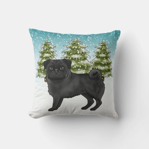 Black Pug Cute Cartoon Dog Snowy Winter Forest Throw Pillow