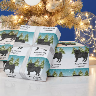 Black Pug Cute Cartoon Dog Snowy Winter Forest Wrapping Paper