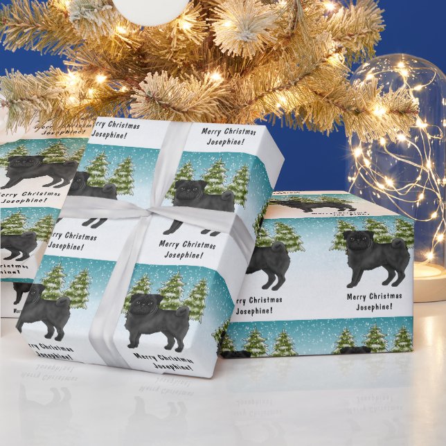 Black Pug Cute Cartoon Dog Snowy Winter Forest Wrapping Paper (Holidays)
