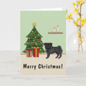 Black Pug Cute Cartoon Dog With A Christmas Tree Card (Yellow Flower)