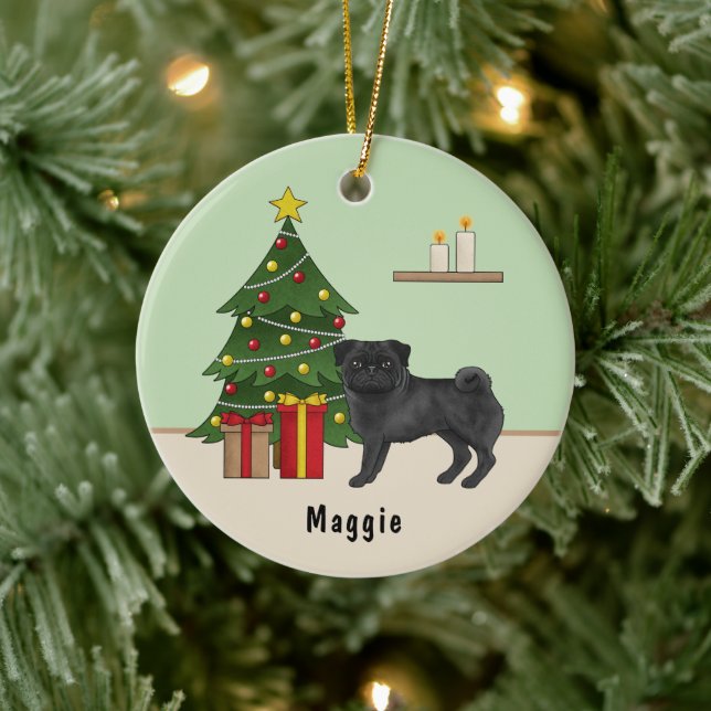 Black Pug Cute Cartoon Dog With A Christmas Tree Ceramic Ornament (Tree)