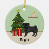 Black Pug Cute Cartoon Dog With A Christmas Tree Ceramic Ornament (Front)