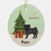 Black Pug Cute Cartoon Dog With A Christmas Tree Ceramic Ornament (Left)