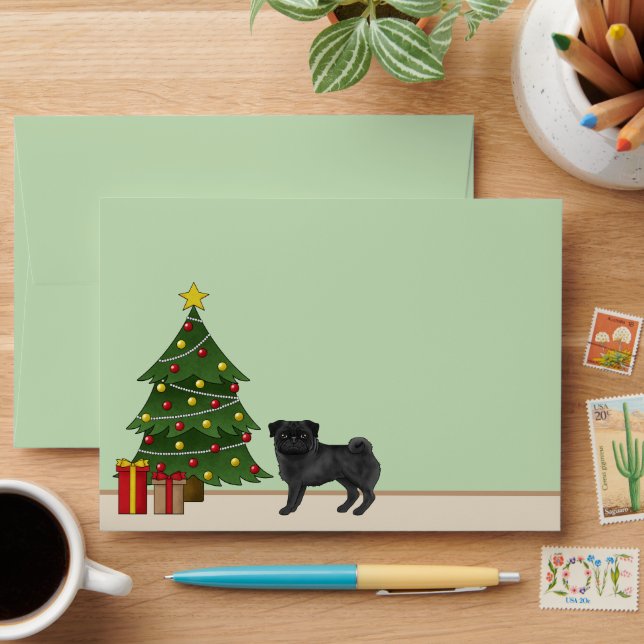 Black Pug Cute Cartoon Dog With A Christmas Tree Envelope (Desk)