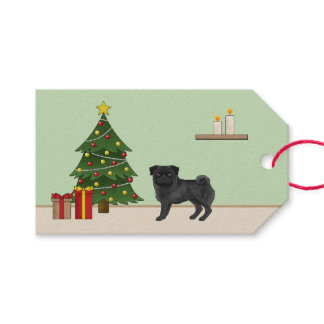 Black Pug Cute Cartoon Dog With A Christmas Tree Gift Tags