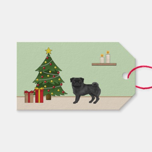 Black Pug Cute Cartoon Dog With A Christmas Tree Gift Tags