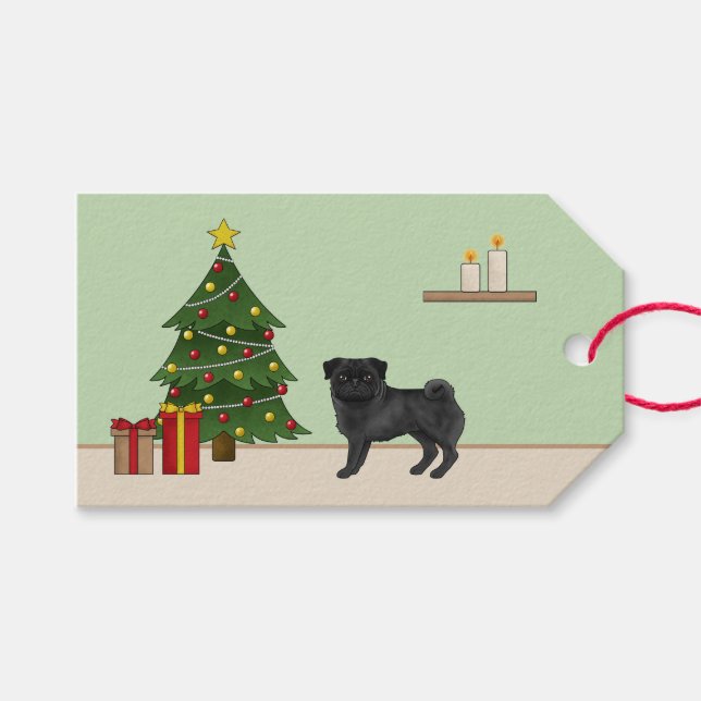 Black Pug Cute Cartoon Dog With A Christmas Tree Gift Tags (Front (Horizontal))