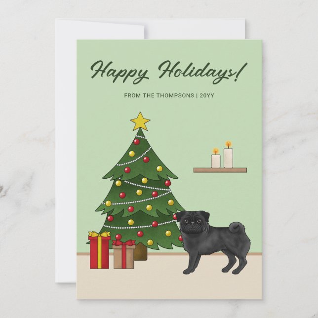 Black Pug Cute Cartoon Dog With A Christmas Tree Holiday Card (Front)