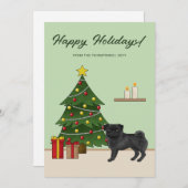 Black Pug Cute Cartoon Dog With A Christmas Tree Holiday Card (Front/Back)